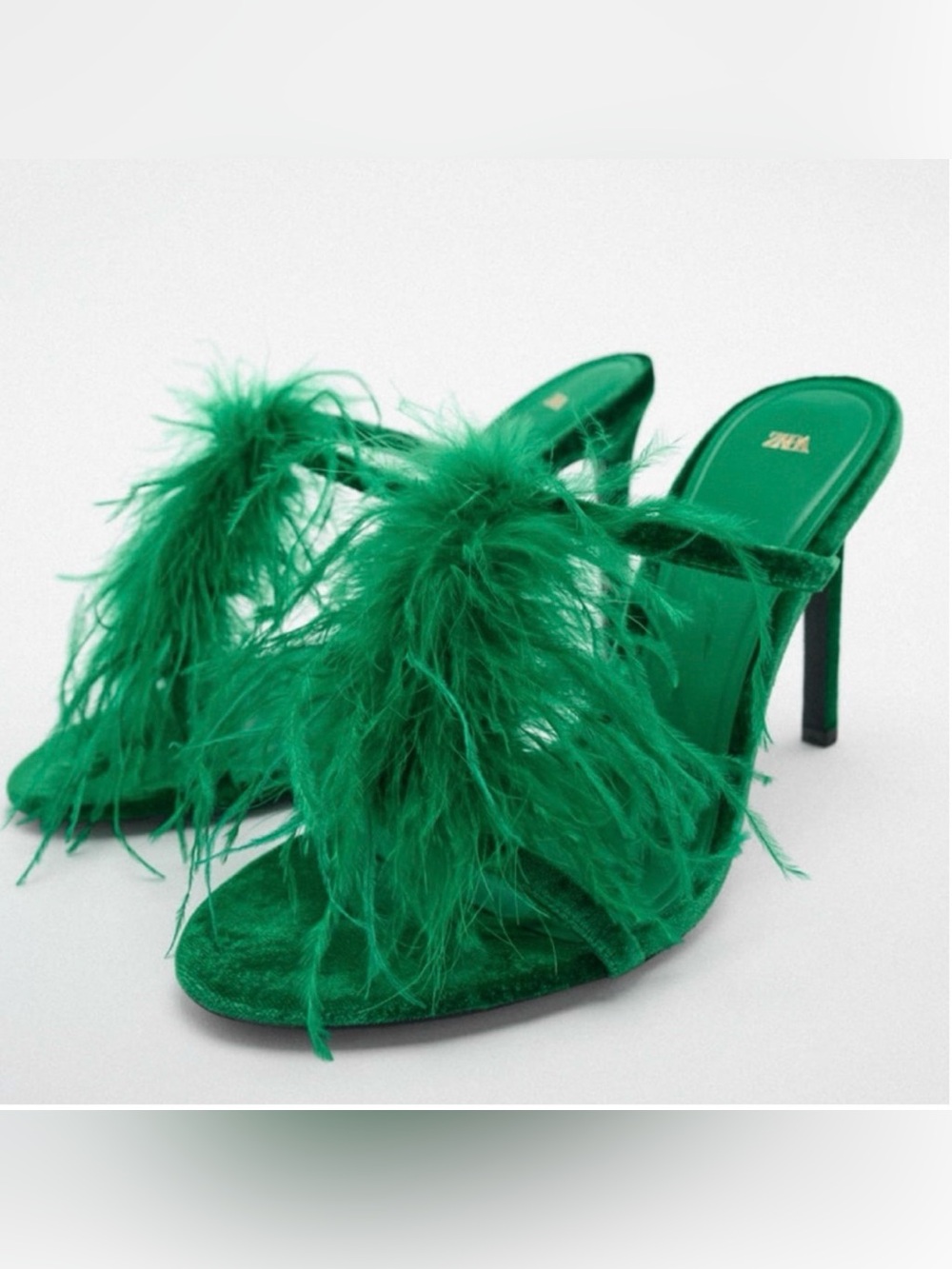 NWOT Zara Emerald Green Feather Trim Stiletto Mule - Picture 2 of 6